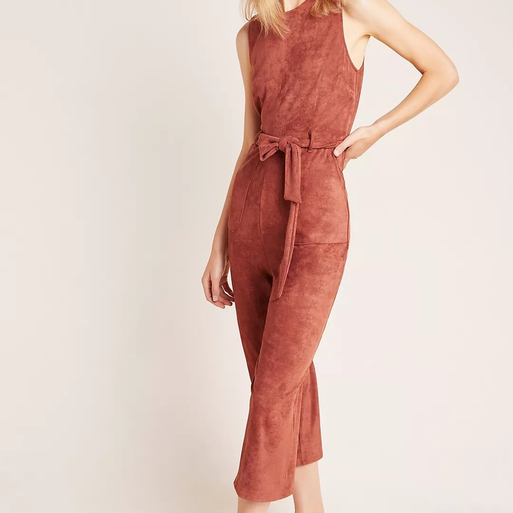 By Antropologie Sleeveless Suede-Look Rust Jumpsuit with Tie Waist Sz M
